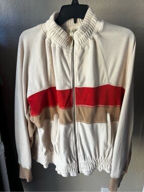 Kori Cream, Red & Tan Zip-Up Fleece Sweater